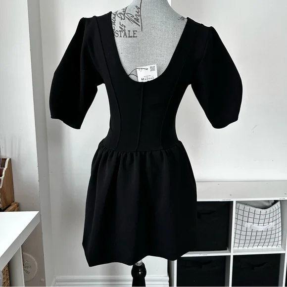 Zara Black Corset Fit & Flare Dress Puff Sleeve Size M - Picture 5 of 9